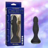 A black, swirled vibrator from CalExotics, the "Deep Swirl Vibrating Probe," is displayed next to its packaging on a blue and purple gradient background.
